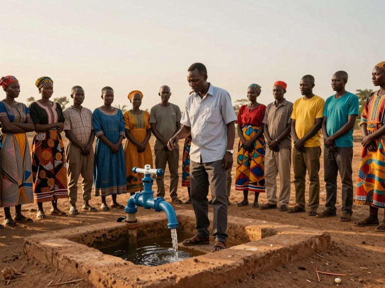 Wide environmental shot of a man inspecting a new water system alongside community members, golden hour tones, rich earth tones, 35mm lens.