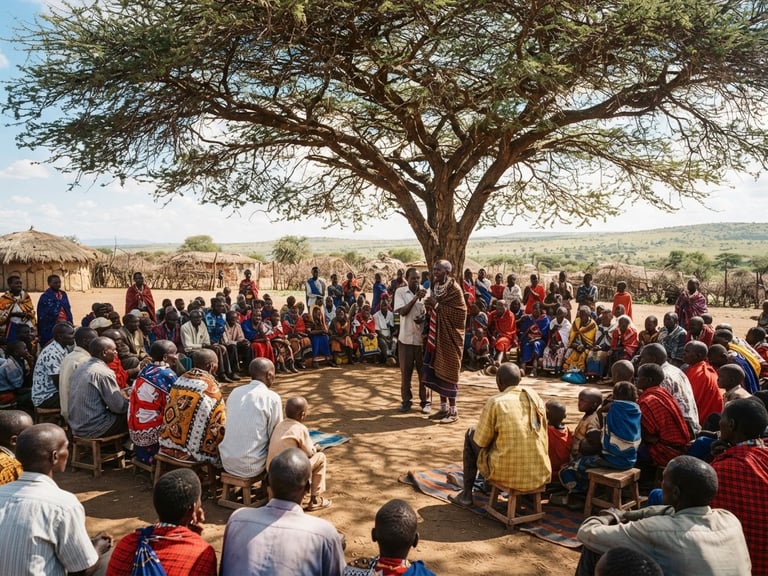 Wide environmental shot of a vibrant community meeting under a large acacia tree, natural sunlight, rich earth tones, 35mm lens.