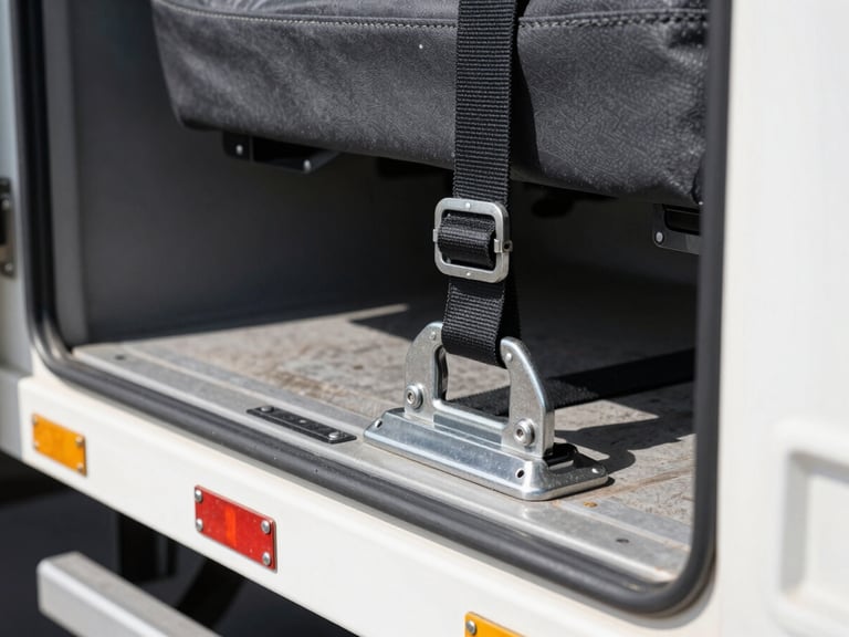 Close-up of heavy-duty cargo locks and secure straps inside an immaculate truck interior, bright daylight highlighting safety and cleanliness, sharp focus