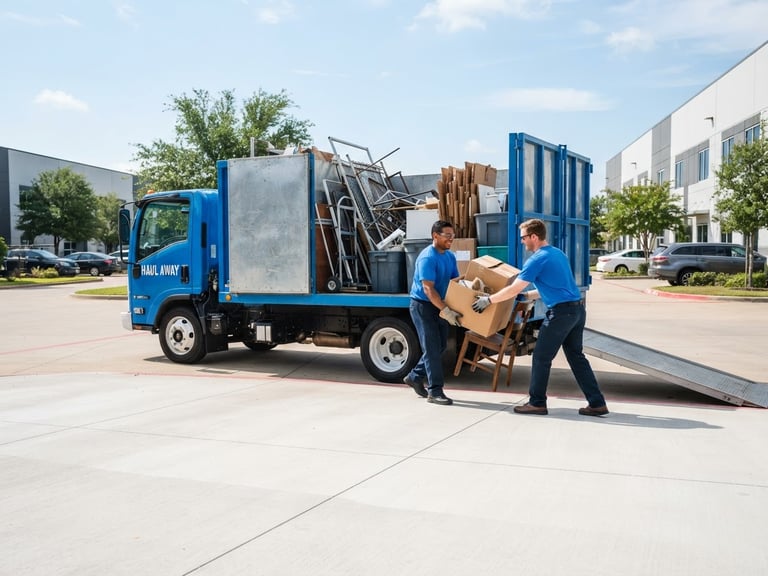 Wide environmental shot of a professional Haul Away Junk LLC crew in clean uniforms, safely loading sorted junk into a neatly organized, bright blue hauling truck under crisp natural daylight, swept empty space in the foreground.