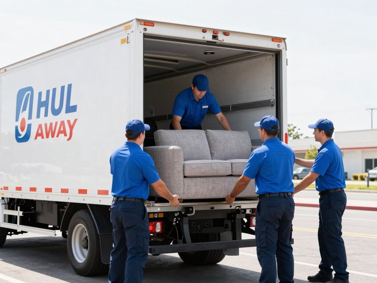 Professional crew in uniform loading a sofa into a clean Haul Away Junk LLC truck, bright daylight, organized scene.