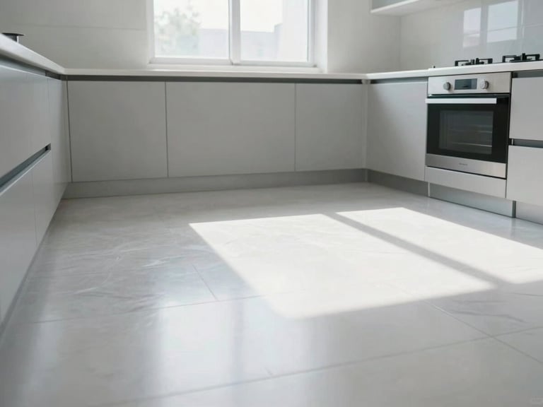 Clean, empty kitchen space after appliance removal, sunlight streaming through a window, sparkling clean floor.