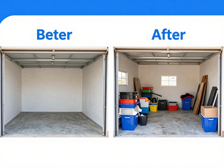 Before-and-after split image showing a cluttered garage transformed into a swept, organized space, bright and clean.