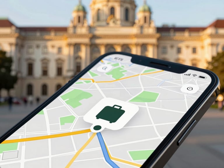 Close-up of a smartphone screen displaying a map with a tracked luggage icon, showing a route through Vienna, with blurred historic Viennese architecture in the background, golden hour light.