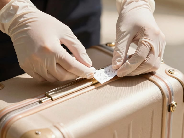 Close-up of professional hands, wearing clean gloves, applying a numbered, tamper-proof security seal to a piece of elegant luggage, bright natural daylight.