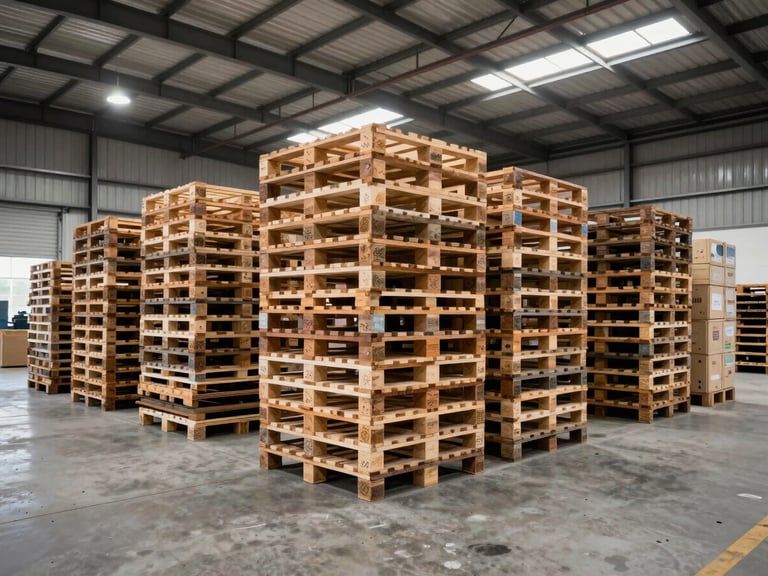 An organized industrial warehouse cargo consolidation bay in Agbara, high-contrast overhead lighting, cargo pallets stacked systematically, clean concrete floor