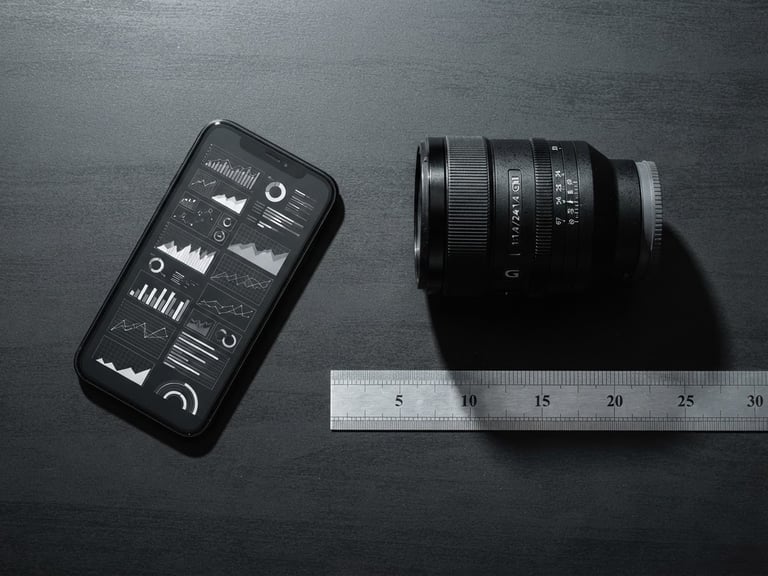 Overhead flat lay of a modern dark desk with a smartphone displaying clean analytics charts, a professional camera lens, and a metal ruler, sharp shadows, high-contrast studio lighting