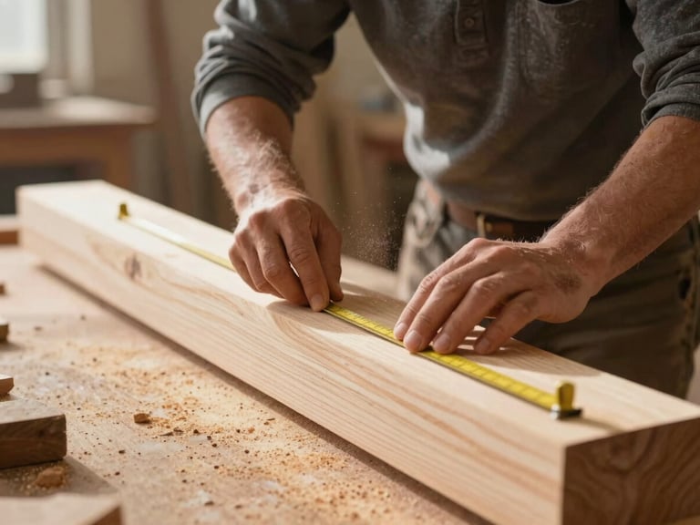 Warm editorial photography of a master craftsman's hands carefully measuring a massive raw timber beam in a sunlit West Jordan workshop, sawdust in the air, 35mm shallow depth of field.