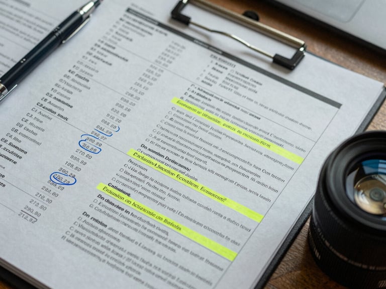 Overhead tight shot of an annotated CPT code reference sheet on a desk, specific code numbers circled in blue pen, inclusion and exclusion lines highlighted in yellow, neutral office lighting, no hands visible