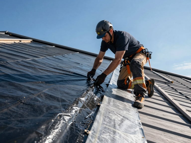 Close-up of a professional roofer in clean safety gear installing a high-durability waterproofing membrane on a roof, bright daylight, 35mm