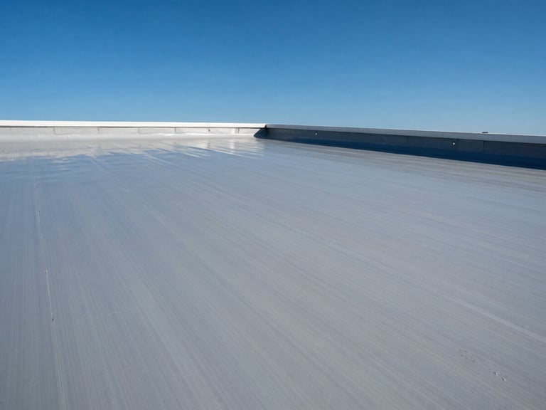 Commercial flat roof waterproofing, high-contrast architectural shot, sharp focus on seamless coating, 35mm