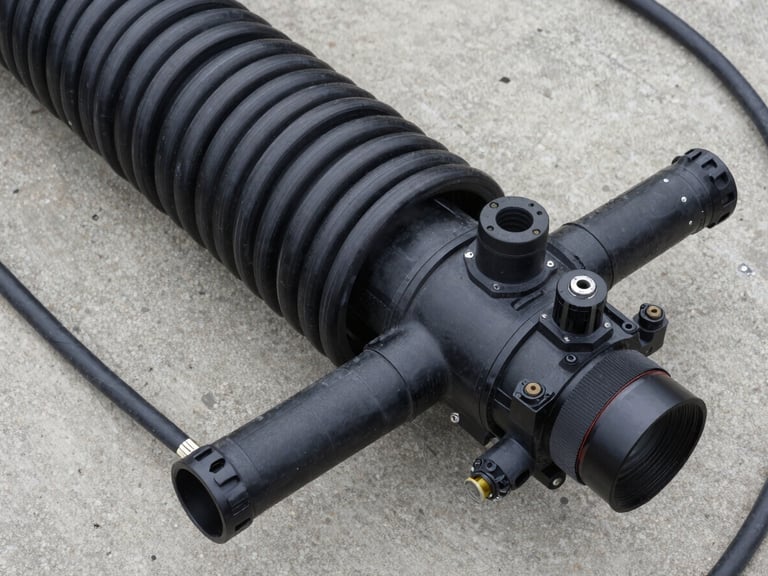 Close overhead view of HDPE geothermal probe coils and connection manifold on a concrete pad, overcast diffuse light revealing pipe markings and grouting fittings, cables and sensor wires organized alongside the assembly, no people visible