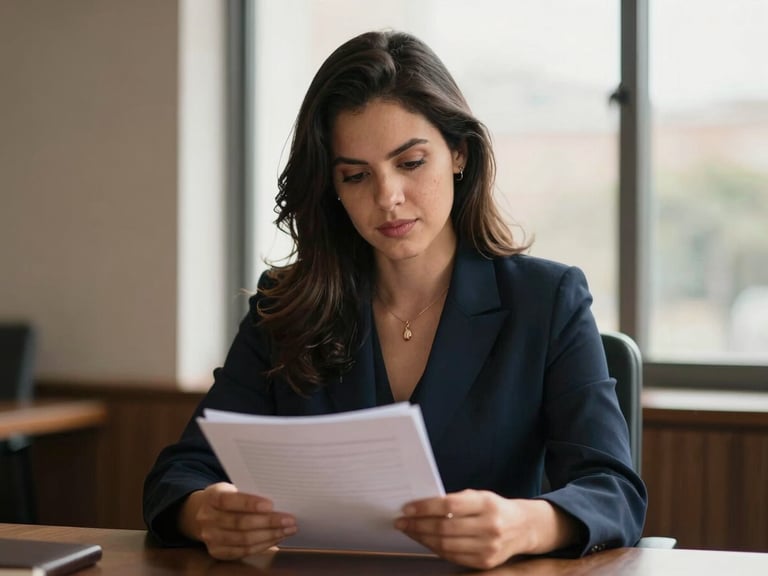 Warm environmental portrait of a professional Brazilian lawyer reviewing documents under soft natural window light, deep navy tones, shallow depth of field