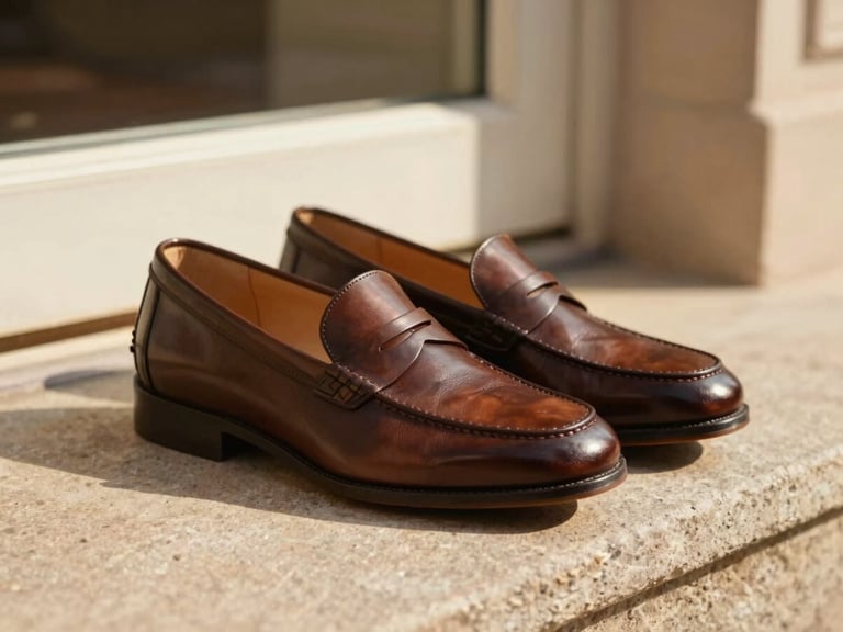 Elegant close-up of premium leather loafers on a sunlit stone step, warm golden-hour window light, rich espresso tones, shallow depth of field, 35mm
