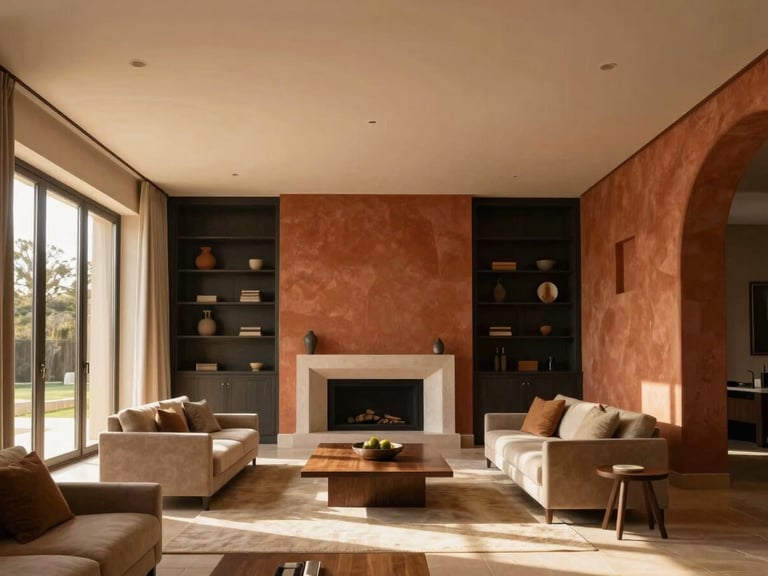 Architectural interior shot of a luxurious villa living room, high ceilings, warm light, bespoke joinery, terracotta accents, 35mm lens, soft shadows.