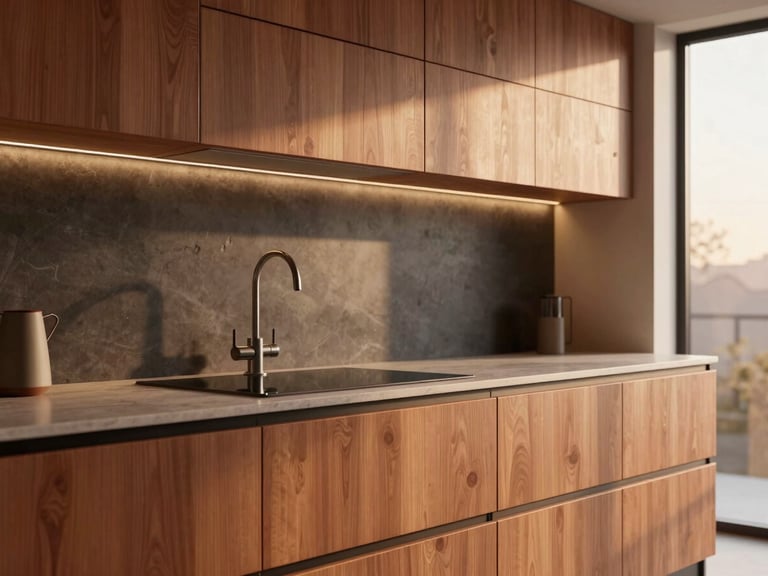 Close-up of a modern modular kitchen, warm wood textures, sleek countertops, ergonomic layout, soft under-cabinet lighting, 35mm lens, elegant design.