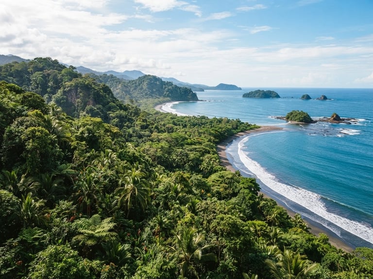 Wide panoramic shot of lush green rainforest canopy meeting the ocean in Bahia Ballena, bright natural tropical sunlight filtering through leaves, 35mm film feel
