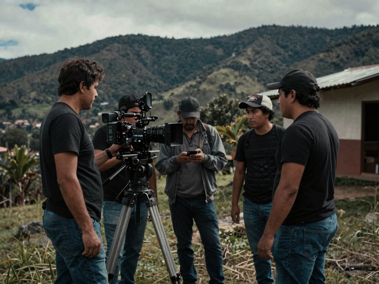 Behind-the-scenes film set in the Colombian Andes, local crew operating a camera under moody natural daylight, cinematic 35mm composition