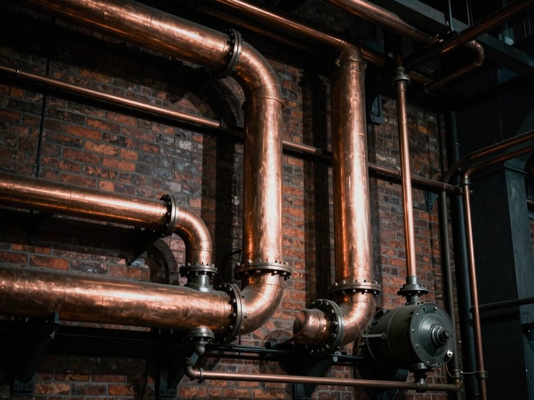 Structured architectural perspective of a Victorian brick power station interior, dramatic low-key lighting, warm copper pipes, deep shadows, 35mm