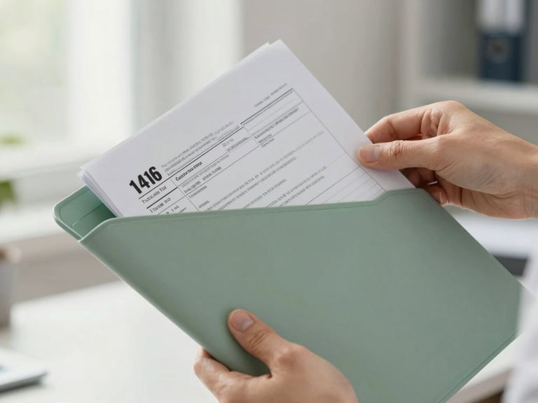 Hands neatly placing a labeled tax document into a clean sage-green hanging folder, bright morning light, professional and calm setting