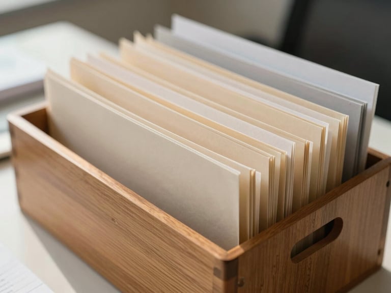 A close-up of neat, labeled physical folders in a wooden file box on a clean desk, bright morning daylight, shallow depth of field.