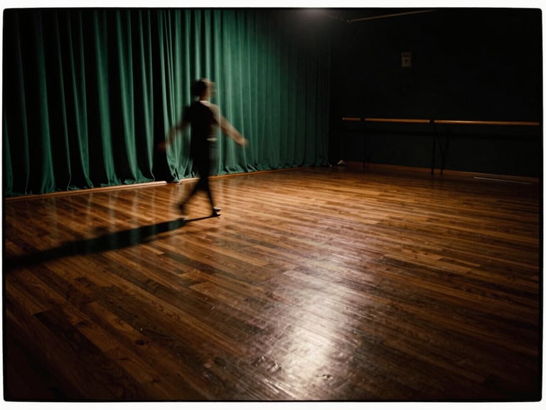 Wide panoramic view of an elegant, dimly lit dance studio with polished dark wood floors, warm tungsten lighting reflecting off the surface, soft emerald drapes in the background, negative space on the right.