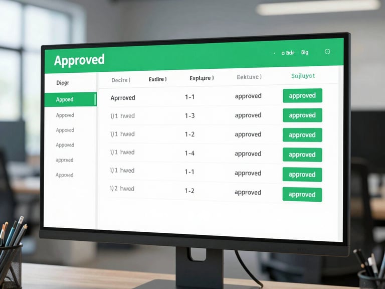 Digital compliance dashboard showing green 'approved' statuses and upcoming expiry dates, on a monitor in a clean industrial office.