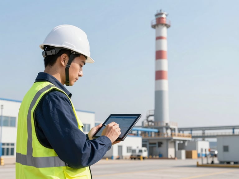 Side profile of a safety officer in a high-vis vest reviewing a digital compliance report on a tablet at an industrial site, bright daylight.