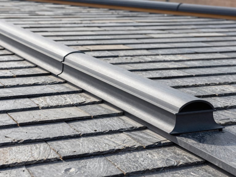 Crisp architectural detail of a continuous ridge vent installation on a modern slate gray roof, sharp focus, clean lines, daylight