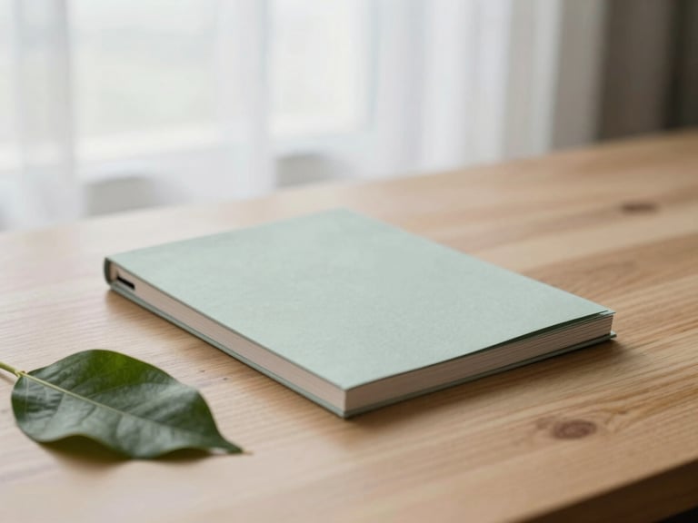 A simple printed paper tracker resting on a clean wooden table next to a green leaf, soft overcast window light, shallow depth of field.