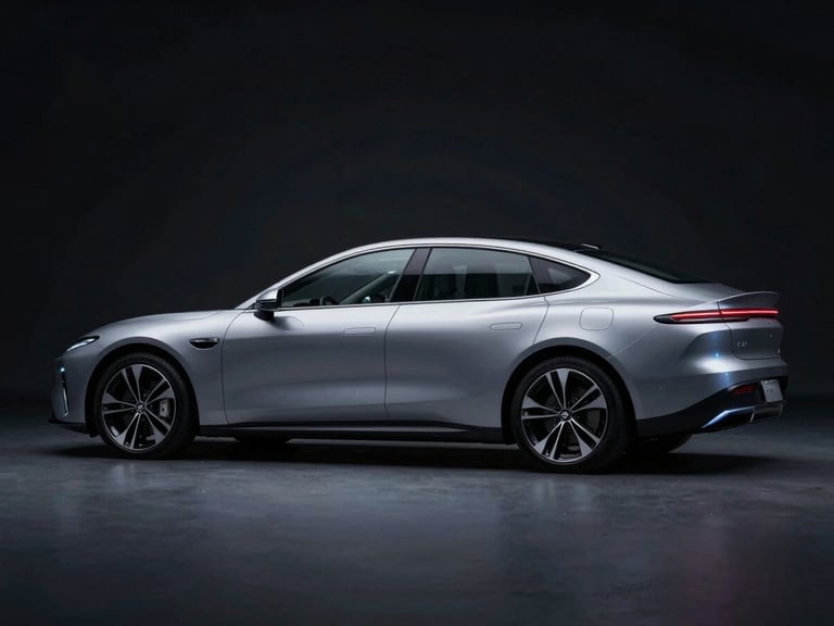Sleek aerodynamic profile of a premium electric sedan in low-key studio lighting, cold blue highlights on the metallic silver chassis, dark background
