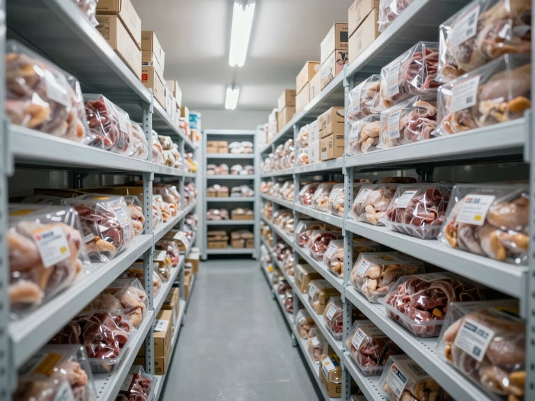 Wide environmental shot of organized cold-storage shelving inside a refrigerated room, neatly stacked boxes of packaged frozen chicken and beef with visible product labels, cool white fluorescent lighting from above, shot from mid-aisle looking along the full length of the shelves