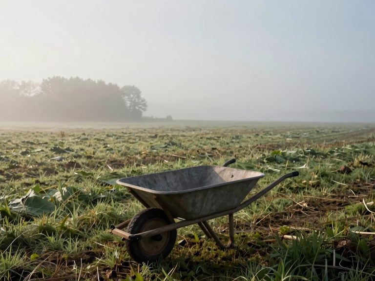 Wide environmental shot of a misty morning farm field, low-contrast soft daylight, a single wooden wheelbarrow in the foreground, moody Scandinavian atmosphere