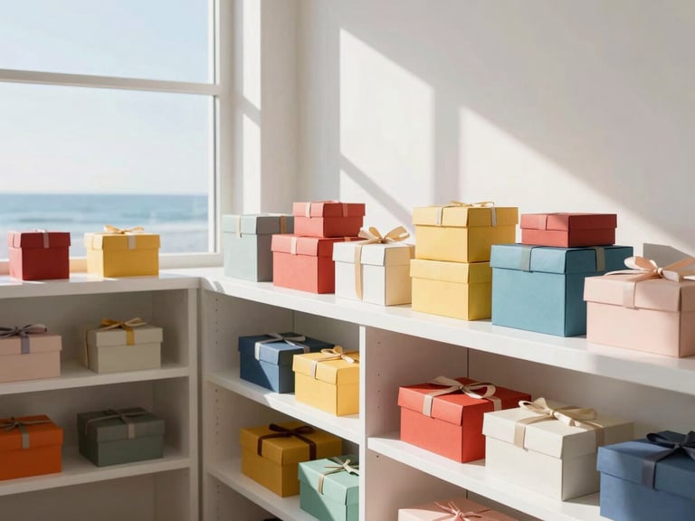 Bright, airy modern packing studio with clean white shelves, colorful gift boxes stacked neatly, and large windows letting in direct, hard-shadow sunlight, 35mm lens.