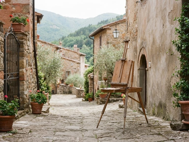 Soft mountain daylight illuminating a stone courtyard in a Tuscan village, an artist easel stands empty in the negative space, clean editorial photography, 35mm