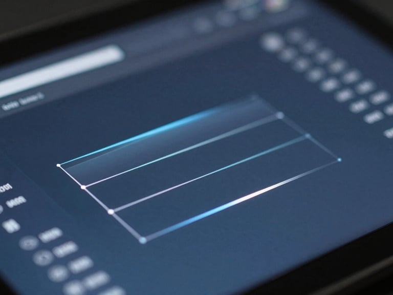 Macro close-up of a sleek, minimalist digital interface showing clean abstract data visualizations and light reflections, dark blue tones, sharp focus