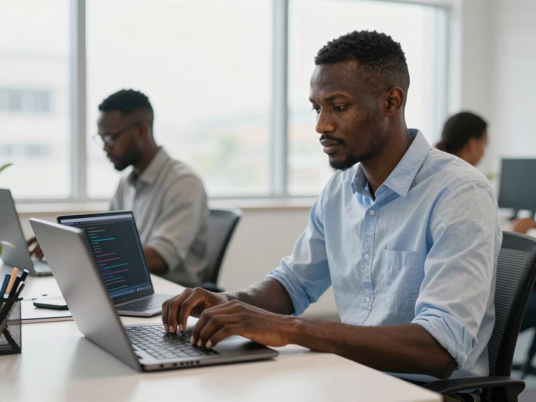 Développeur africain professionnel travaillant sur un ordinateur portable, affichant du code sur l'écran, dans un environnement de bureau collaboratif et lumineux, avec une lumière naturelle.