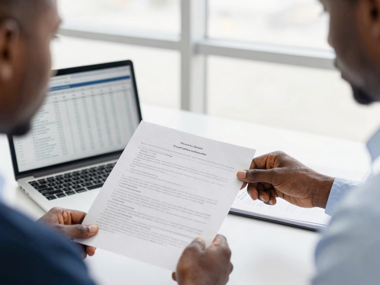 Close-up of legal documents being reviewed by a West African legal expert, clean desk, focused expression, with a laptop showing data analysis.