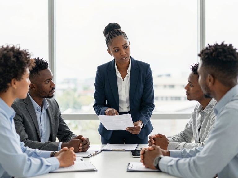Professional West African HR director discussing strategy with a team, bright office, natural light, analyzing documents.