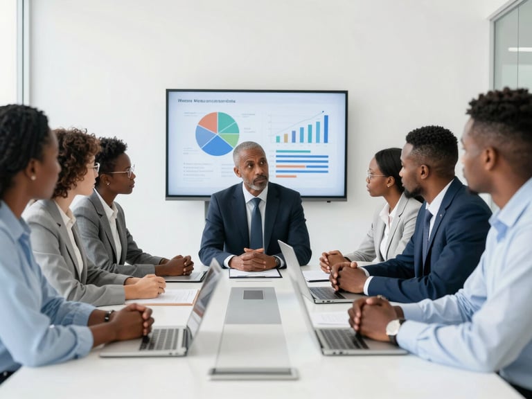 Business leaders collaborating around a modern conference table, strategic discussion, clean corporate environment, with charts on a screen.