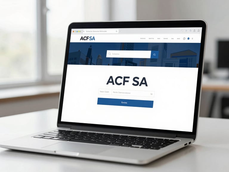 Modern laptop screen displaying a secure login page with ACF SA branding, clean interface, professional context, bright natural daylight.