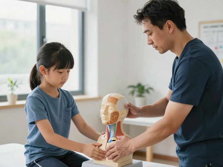 An instructor guiding a student on manual therapy techniques using an anatomical model, bright daylight clinical setting