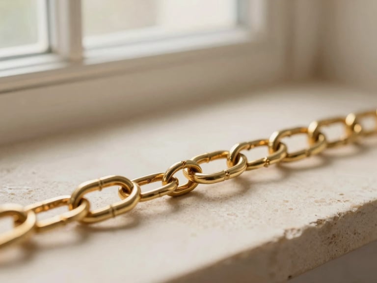 Macro details of golden chain links on a warm beige stone surface, soft morning window light, shallow depth of field, 35mm
