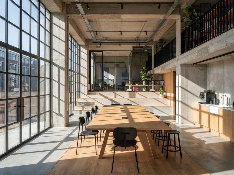Wide-angle architectural shot of a modern, sunlit collaborative workspace, sharp geometric shadows, raw concrete, warm wood accents, high-contrast. No people.