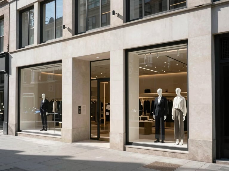 Exterior shot of a modern boutique storefront in a bustling urban core, showcasing large display windows and architectural details, bright natural daylight, sharp geometric shadows, high-contrast, 35mm lens.