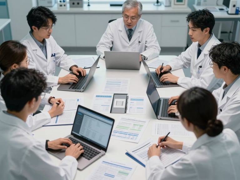 Overhead medium shot of a research team around a conference table in a clinical office, printed evaluation reports and laptops open with data, cool overhead fluorescent lighting, institutional setting, no faces prominently visible