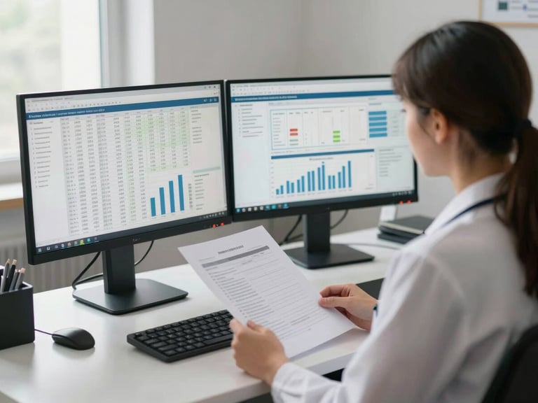 Wide shot of a healthcare data analyst working at a standing desk, dual monitors displaying charts and tabular research data, a printed document held in one hand, soft natural window light from the side, neutral office environment, medium framing from behind and to the left