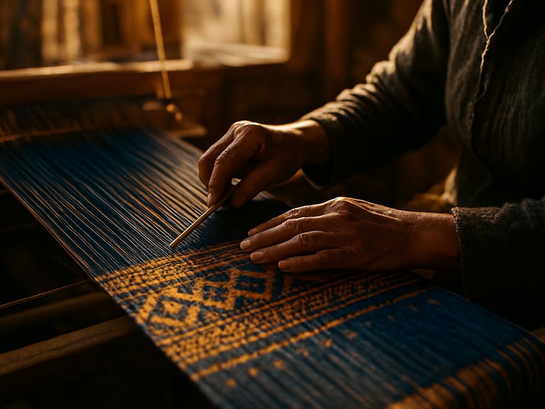 Intimate local portrait, artisan hands weaving intricate textiles in a sunlit workshop, warm golden hour, rich deep blue and gold undertones, 35mm film