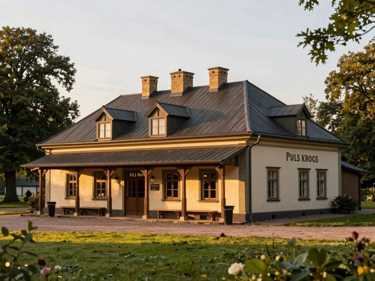 Wide shot of the historic Pils Krogs tavern exterior near Rundale Palace, surrounded by lush greenery under warm golden hour sunlight.