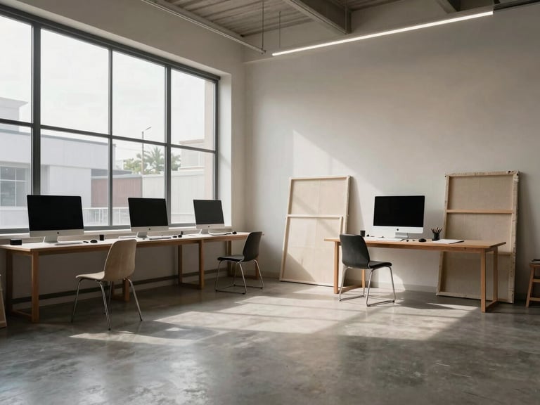 Wide-angle architectural view of the Austin art studio, soft directional light from a north-facing gallery window, canvas textures and clean digital monitors visible.